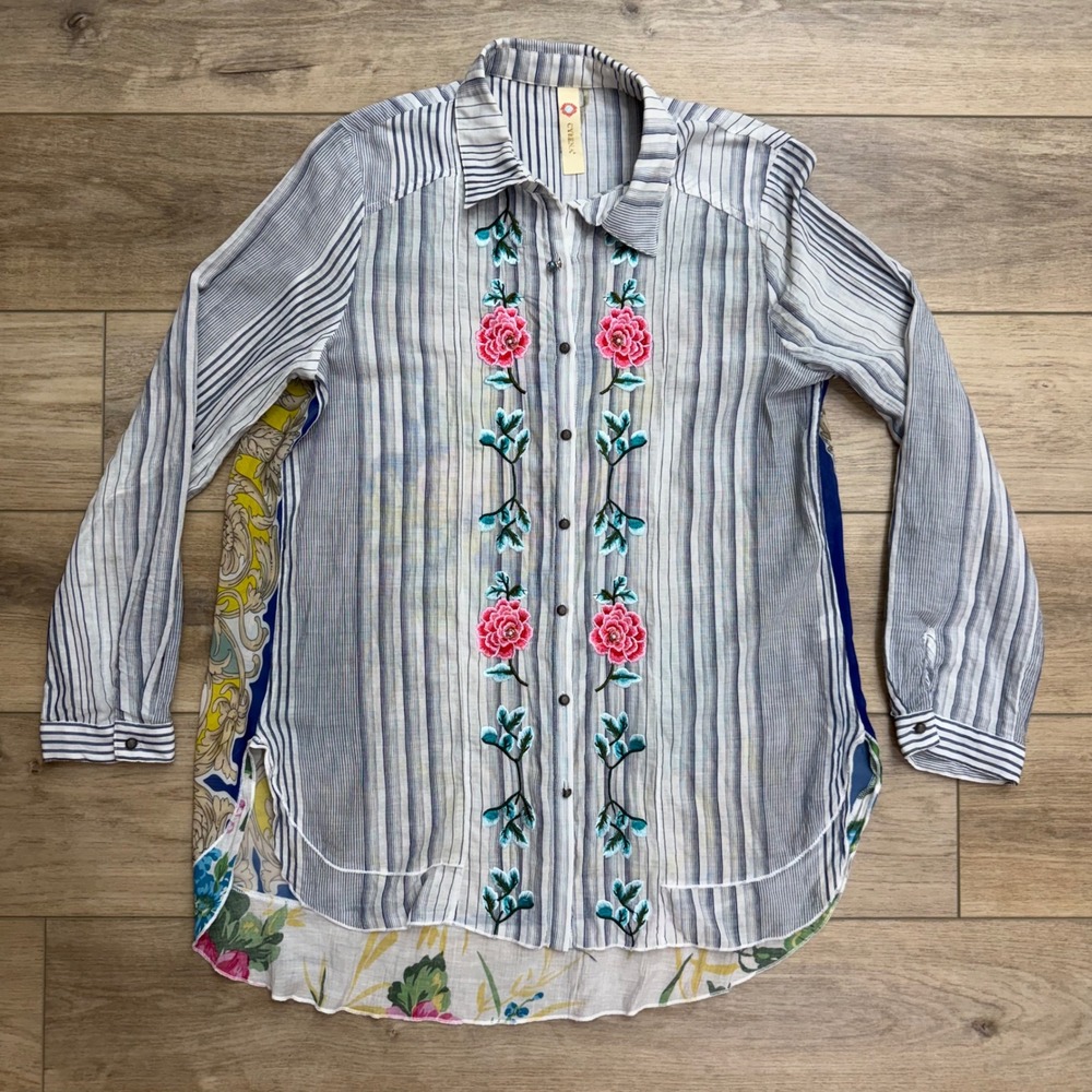 Cyrena Womens Large Mixed Media Striped Floral Embroidered Scarf Print Shirt